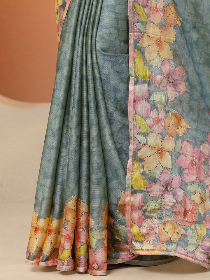 Blue Printed Silk Blend Saree With Unstitched Blouse Piece