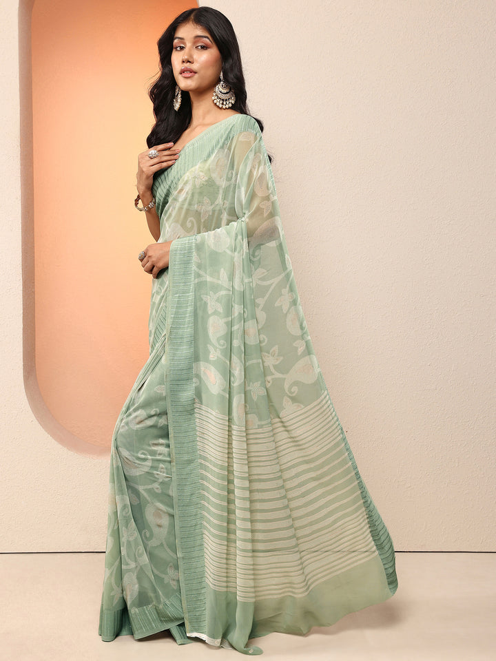 Green Paisley Printed Georgette Saree With Unstitched Blouse Piece