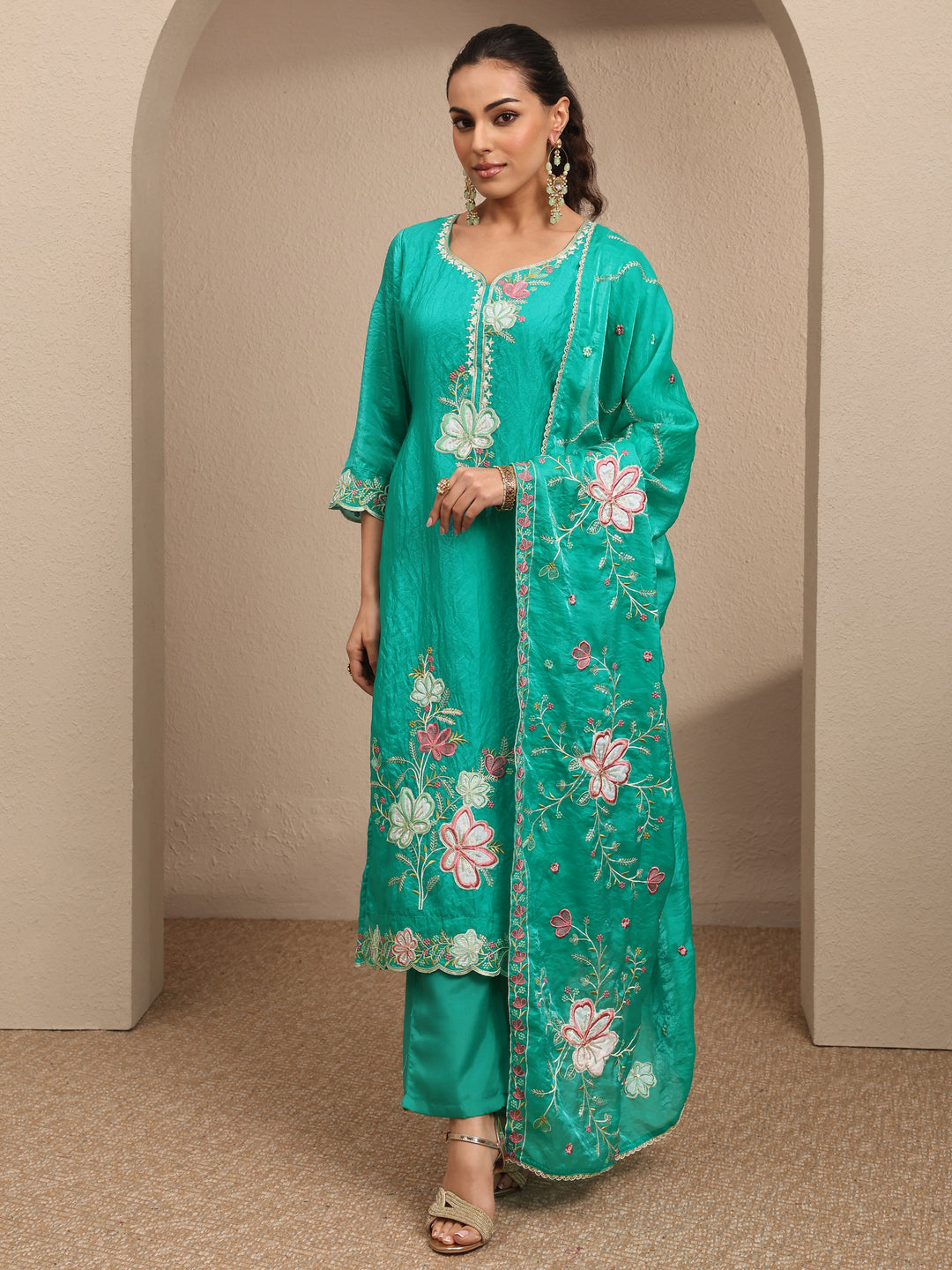 Green Embroidered Organza Straight Suit Set With Dupatta