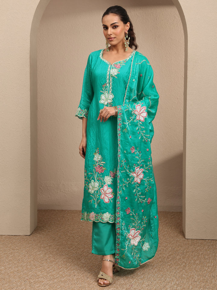 Green Embroidered Organza Straight Suit Set With Dupatta