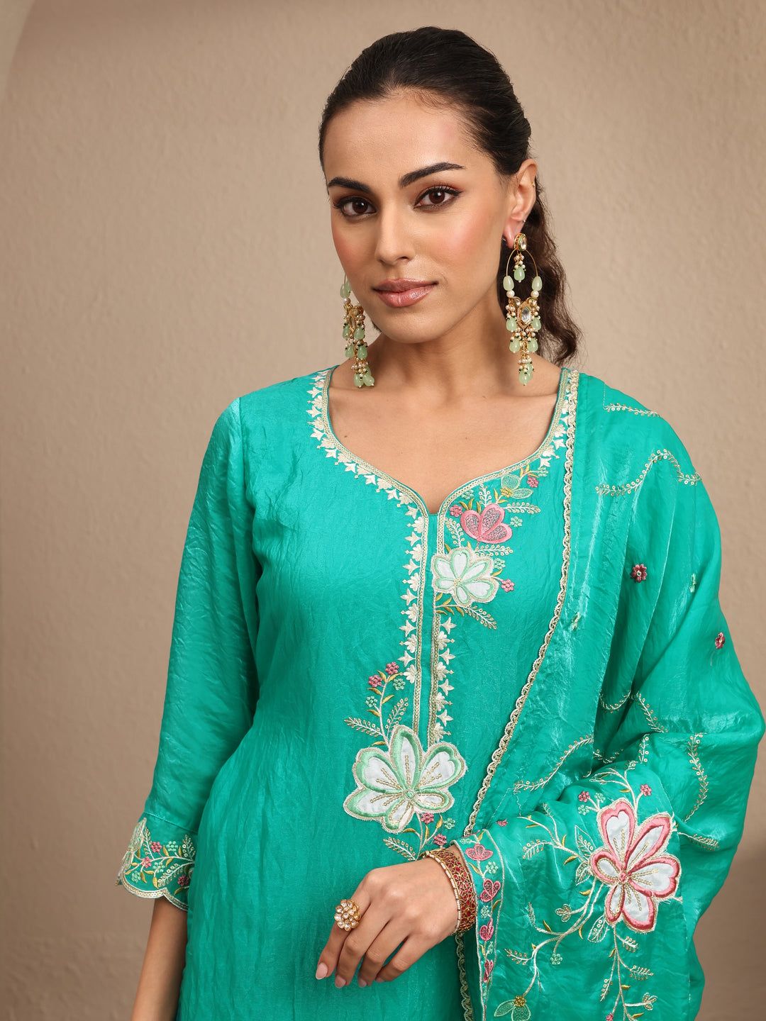 Green Embroidered Organza Straight Suit Set With Dupatta