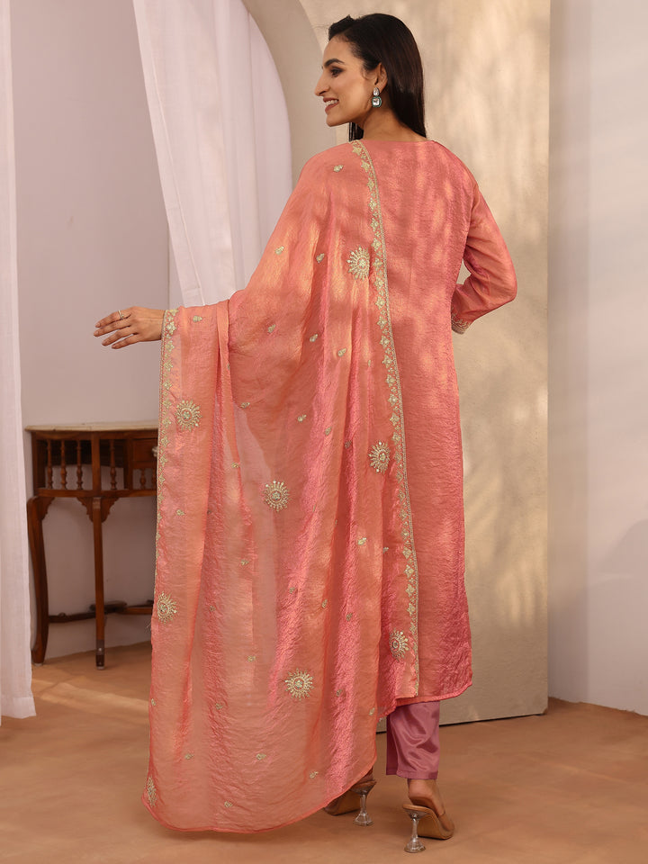Peach Embroidered Organza Straight Suit Set With Dupatta