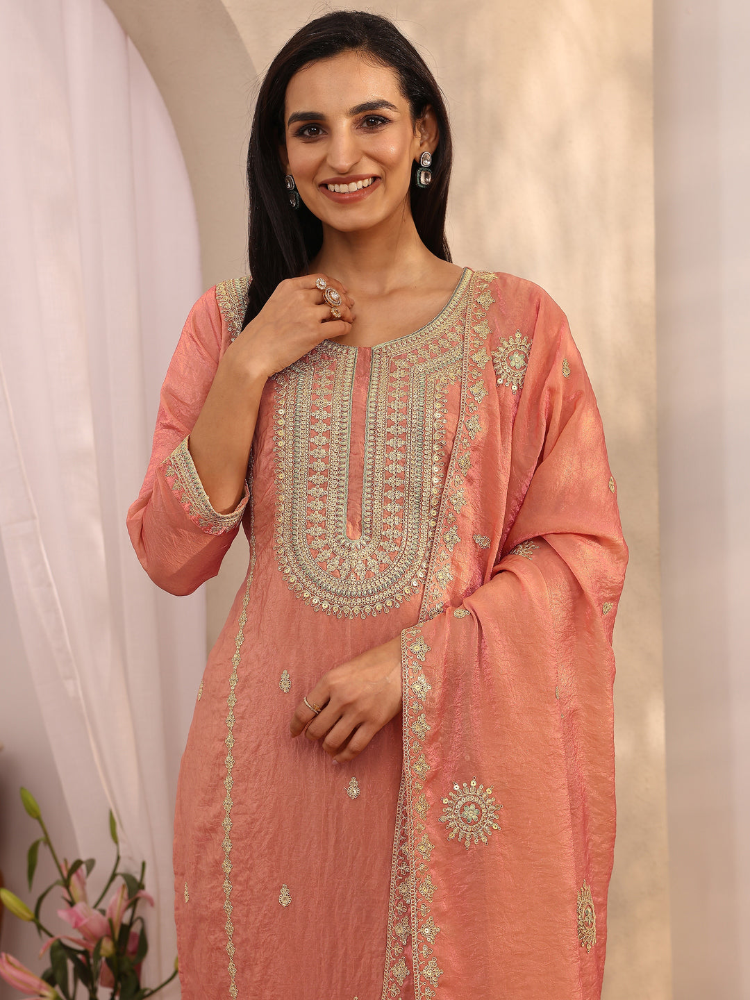 Peach Embroidered Organza Straight Suit Set With Dupatta