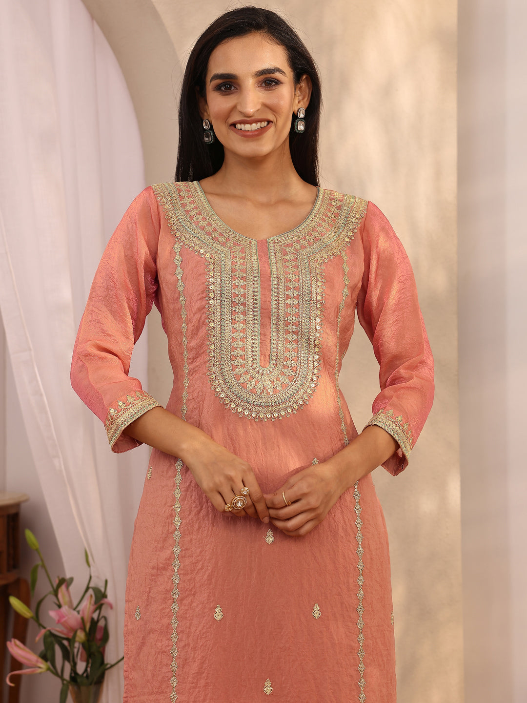 Peach Embroidered Organza Straight Suit Set With Dupatta