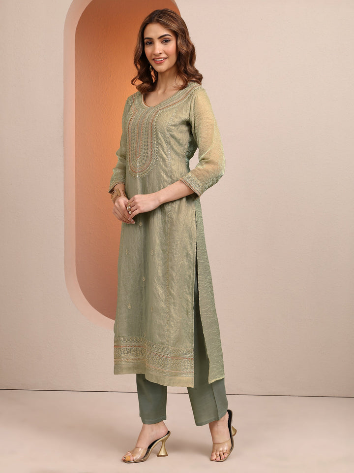 Green Embroidered Organza Straight Suit Set With Dupatta