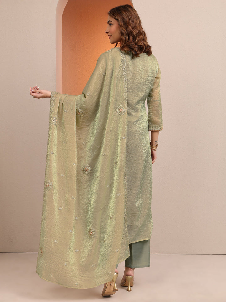 Green Embroidered Organza Straight Suit Set With Dupatta