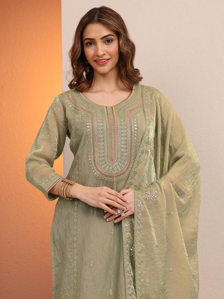 Green Embroidered Organza Straight Suit Set With Dupatta