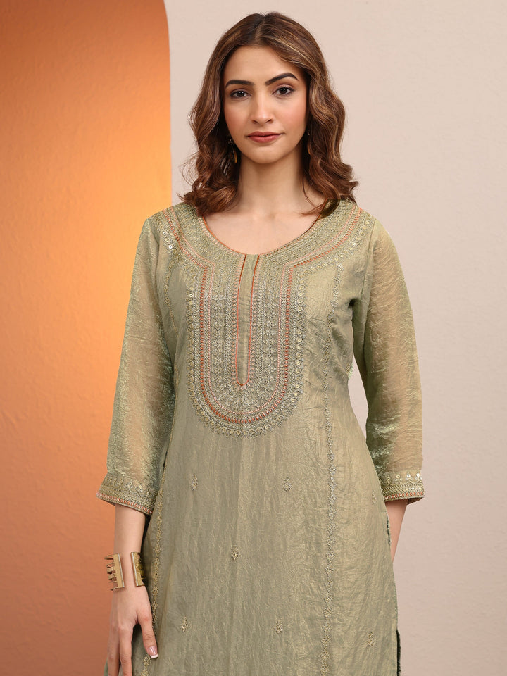 Green Embroidered Organza Straight Suit Set With Dupatta