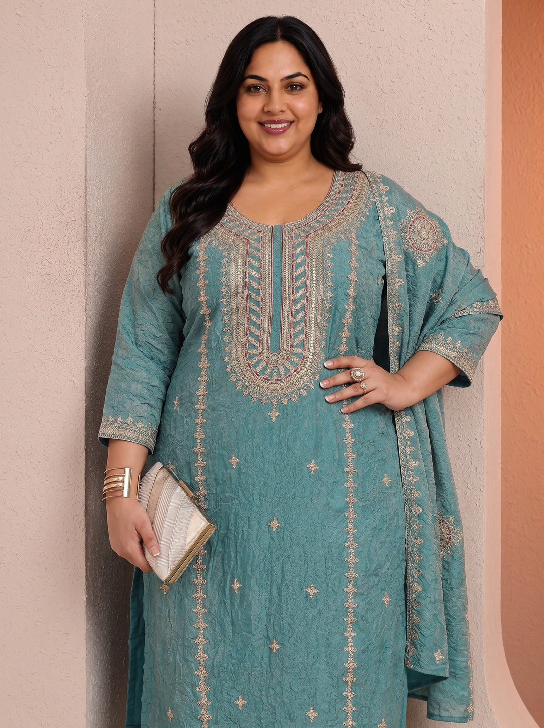 Plus Size Blue Embroidered Organza Straight Suit Set With Dupatta