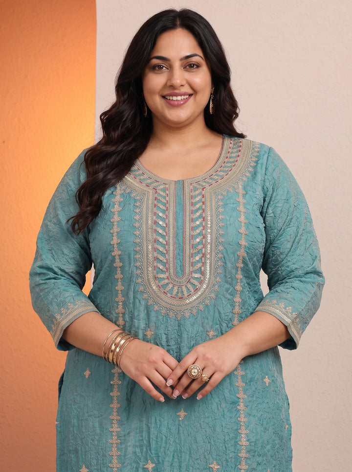Plus Size Blue Embroidered Organza Straight Suit Set With Dupatta