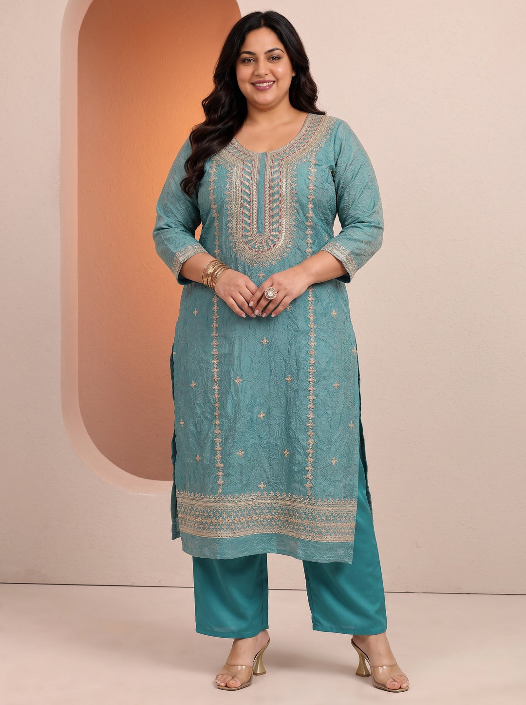 Plus Size Blue Embroidered Organza Straight Suit Set With Dupatta
