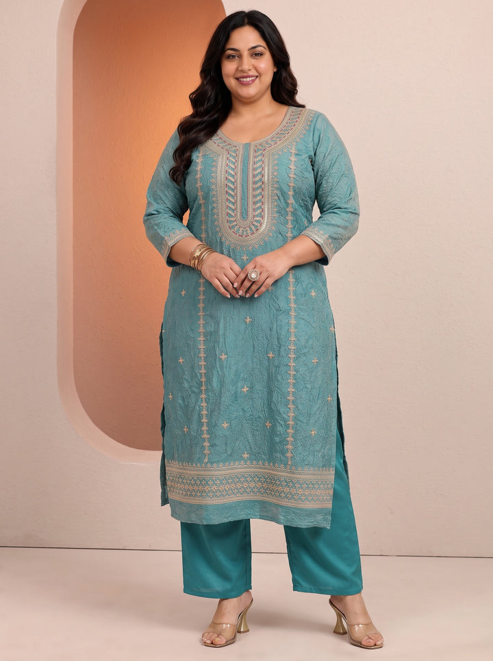 Plus Size Blue Embroidered Organza Straight Suit Set With Dupatta