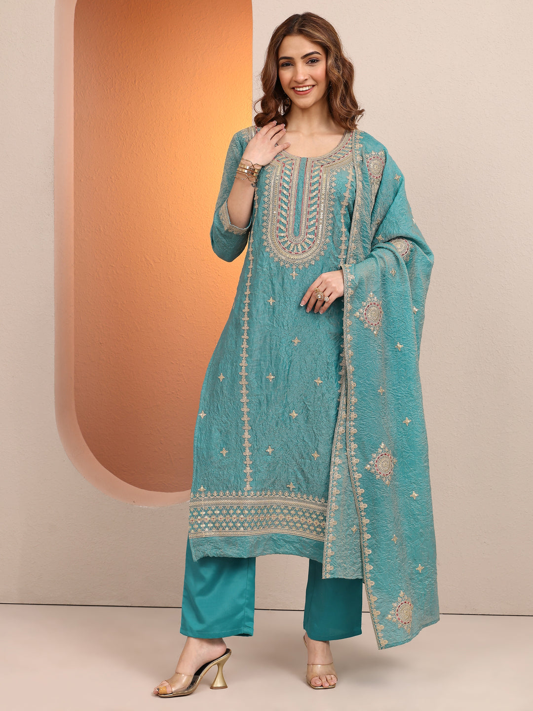 Blue Embroidered Organza Straight Suit Set With Dupatta