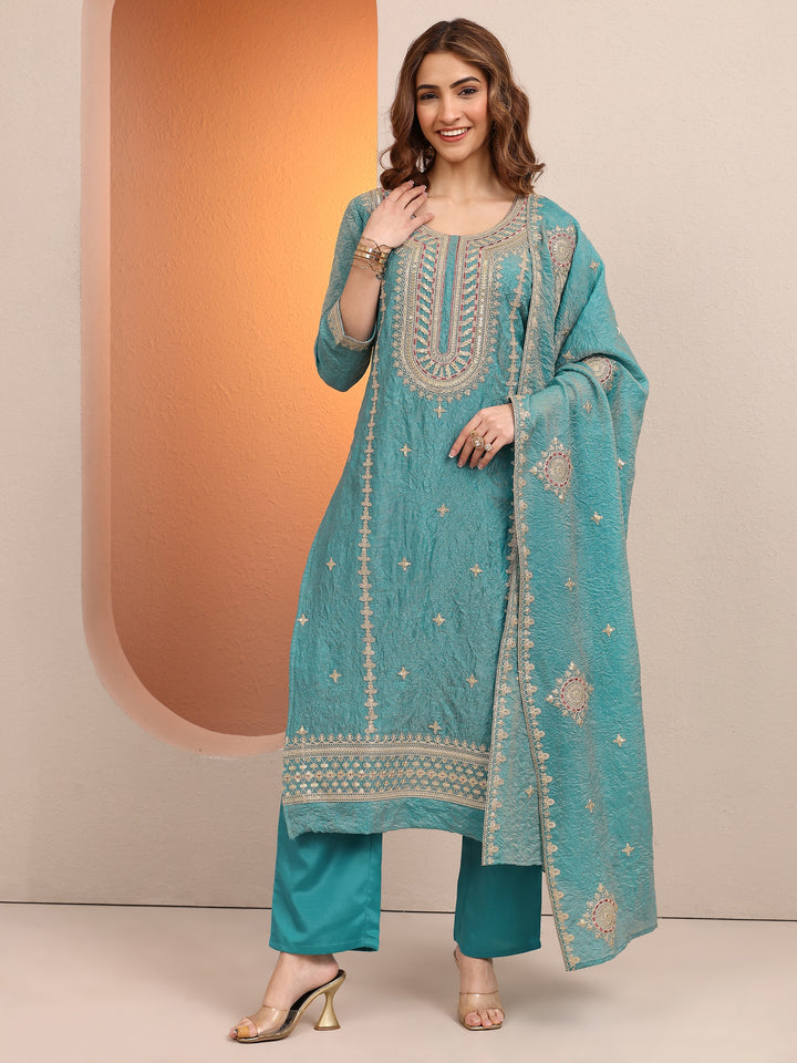 Blue Embroidered Organza Straight Suit Set With Dupatta