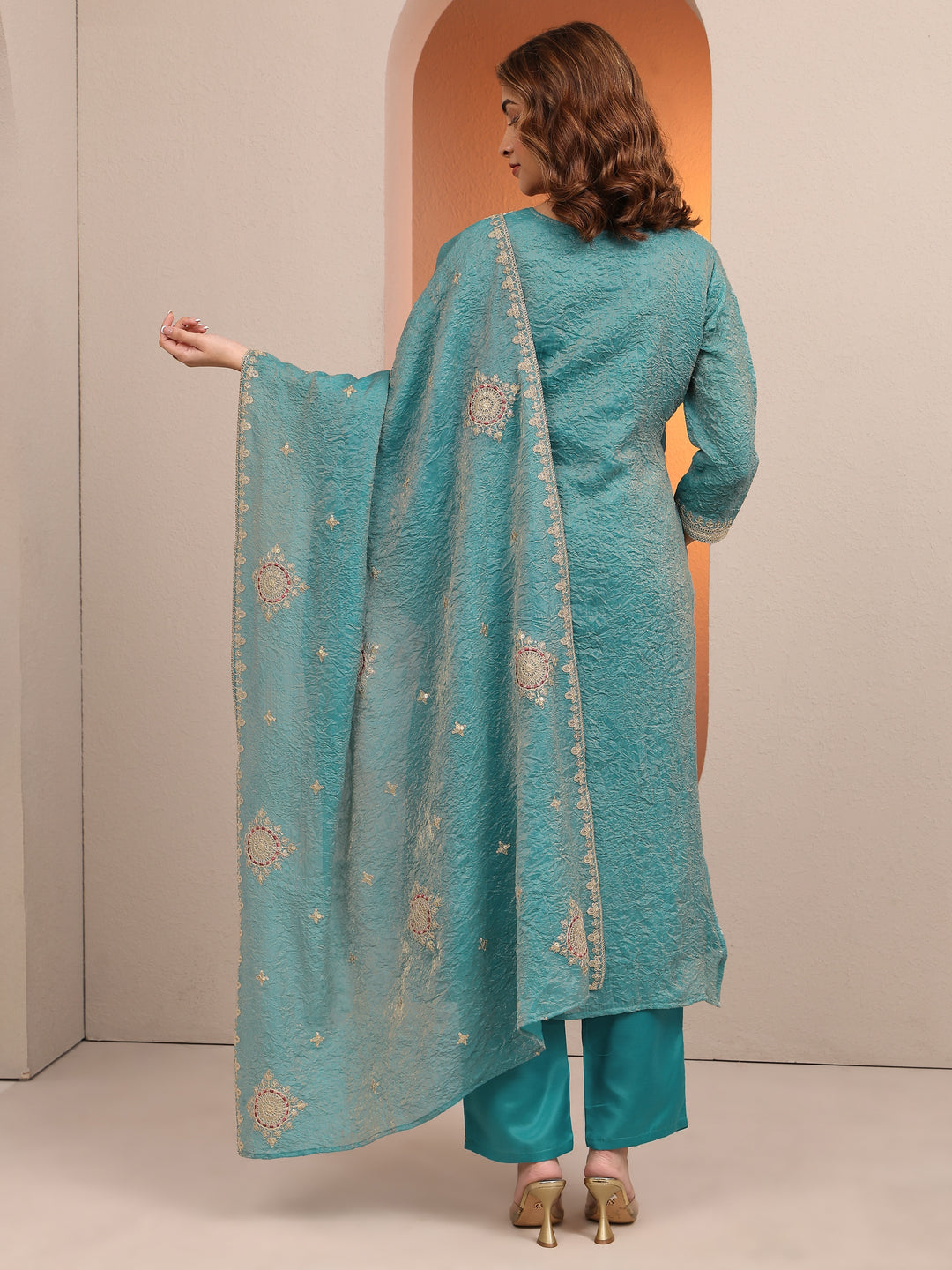 Blue Embroidered Organza Straight Suit Set With Dupatta
