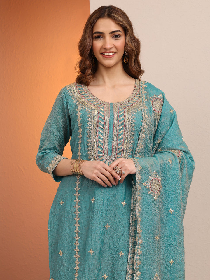 Blue Embroidered Organza Straight Suit Set With Dupatta
