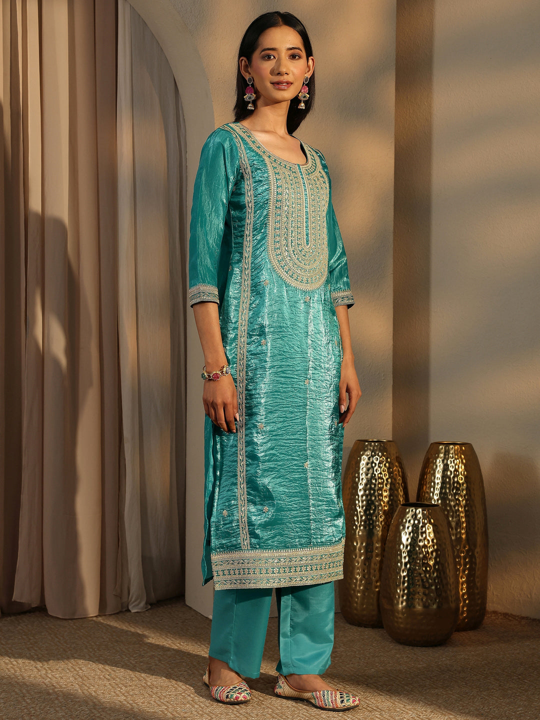 Green Embroidered Organza Straight Suit Set With Dupatta