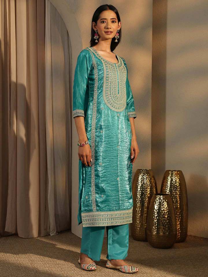 Green Embroidered Organza Straight Suit Set With Dupatta