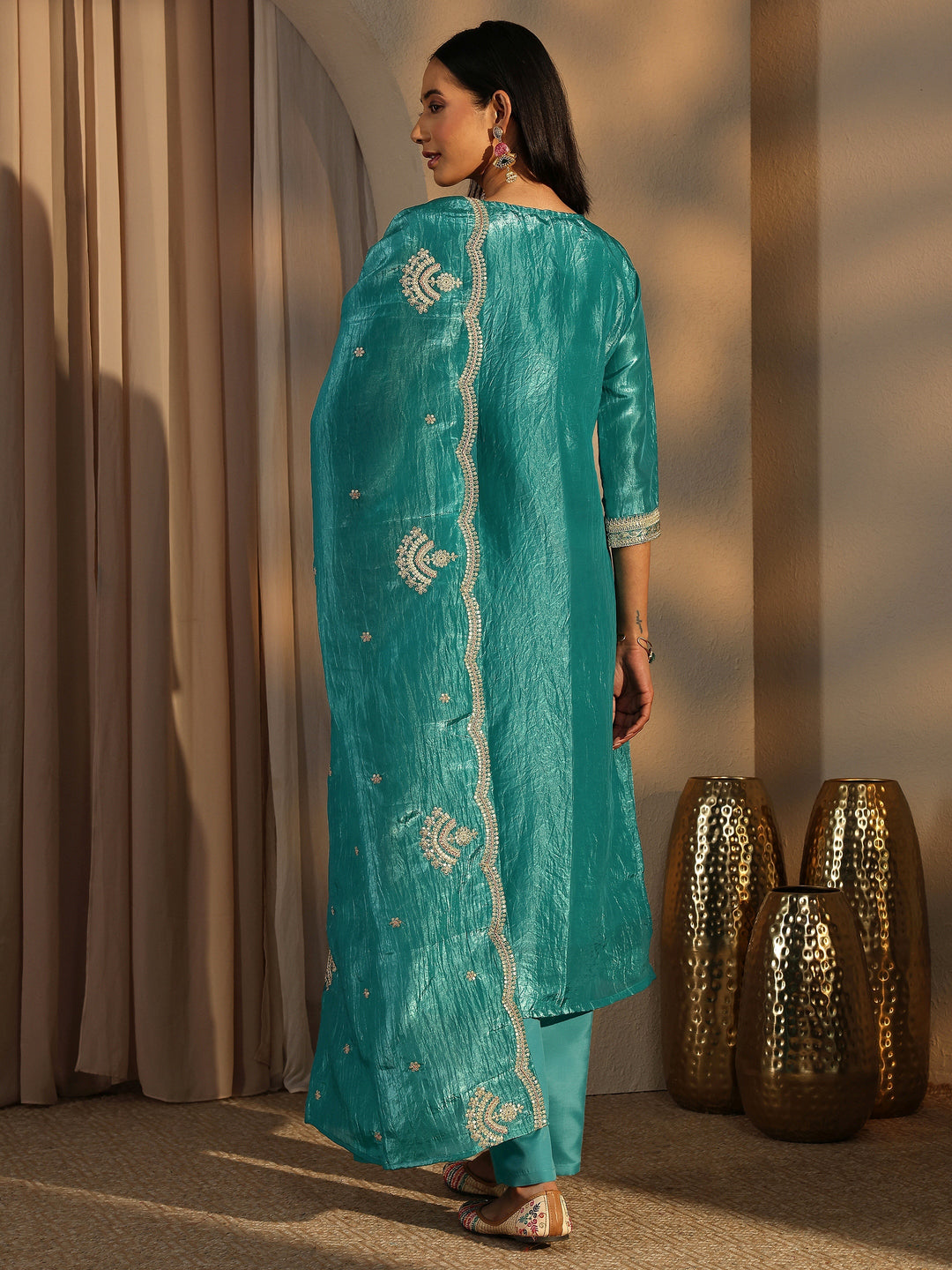 Green Embroidered Organza Straight Suit Set With Dupatta