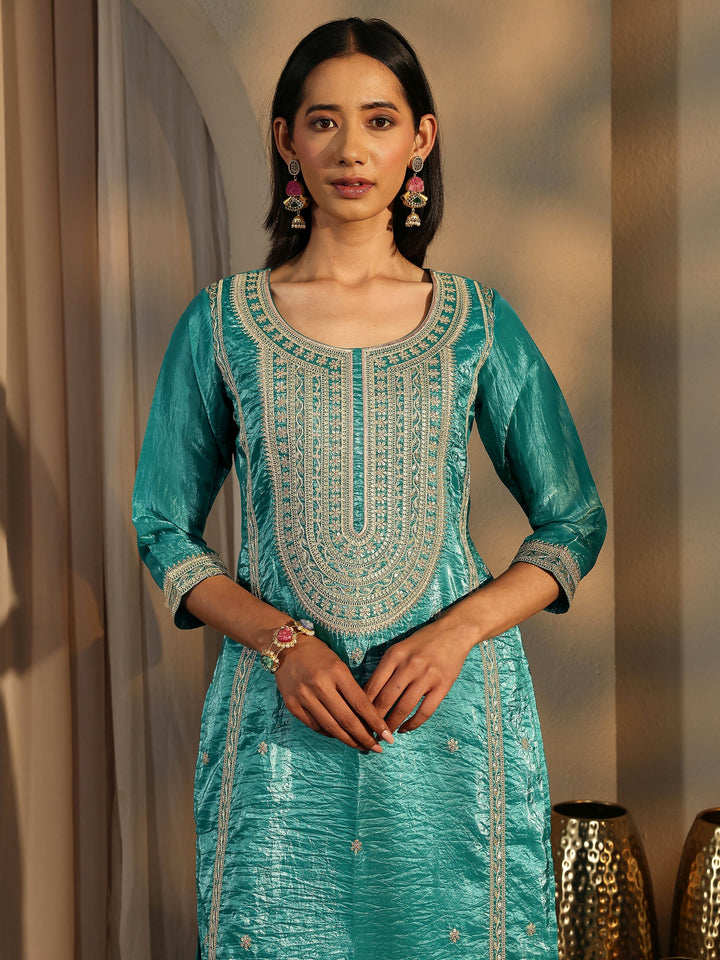 Green Embroidered Organza Straight Suit Set With Dupatta
