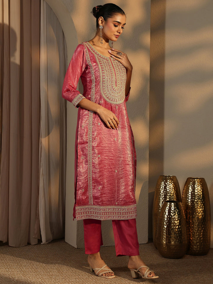 Pink Embroidered Organza Straight Suit Set With Dupatta
