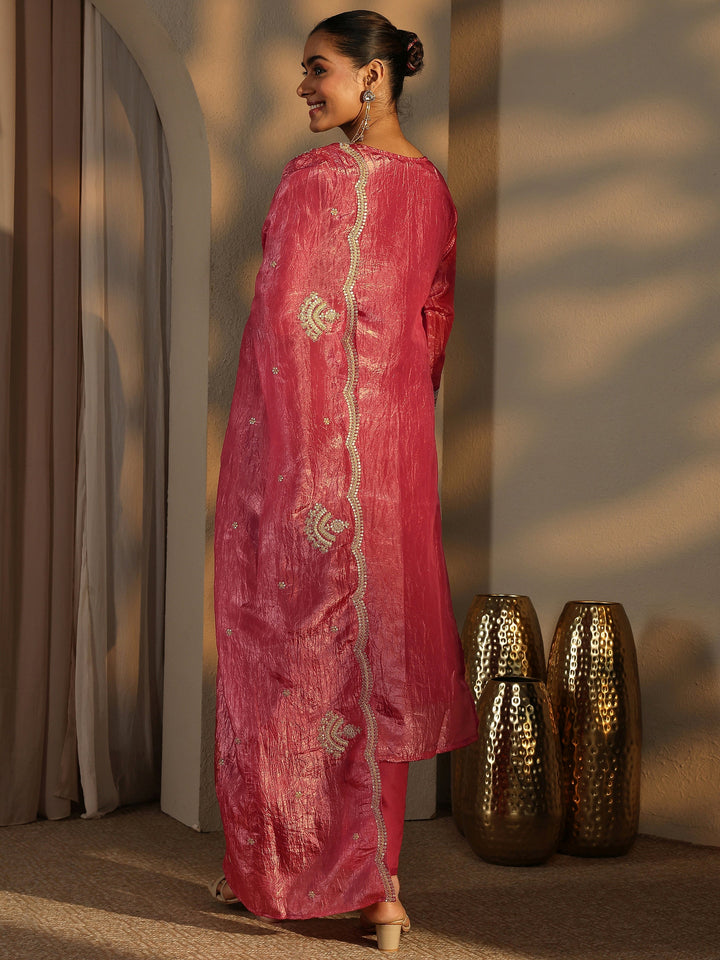 Pink Embroidered Organza Straight Suit Set With Dupatta