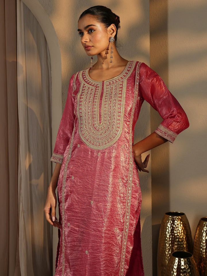 Pink Embroidered Organza Straight Suit Set With Dupatta
