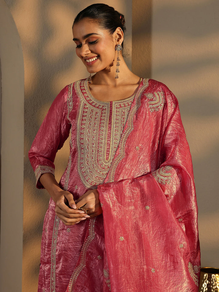 Pink Embroidered Organza Straight Suit Set With Dupatta