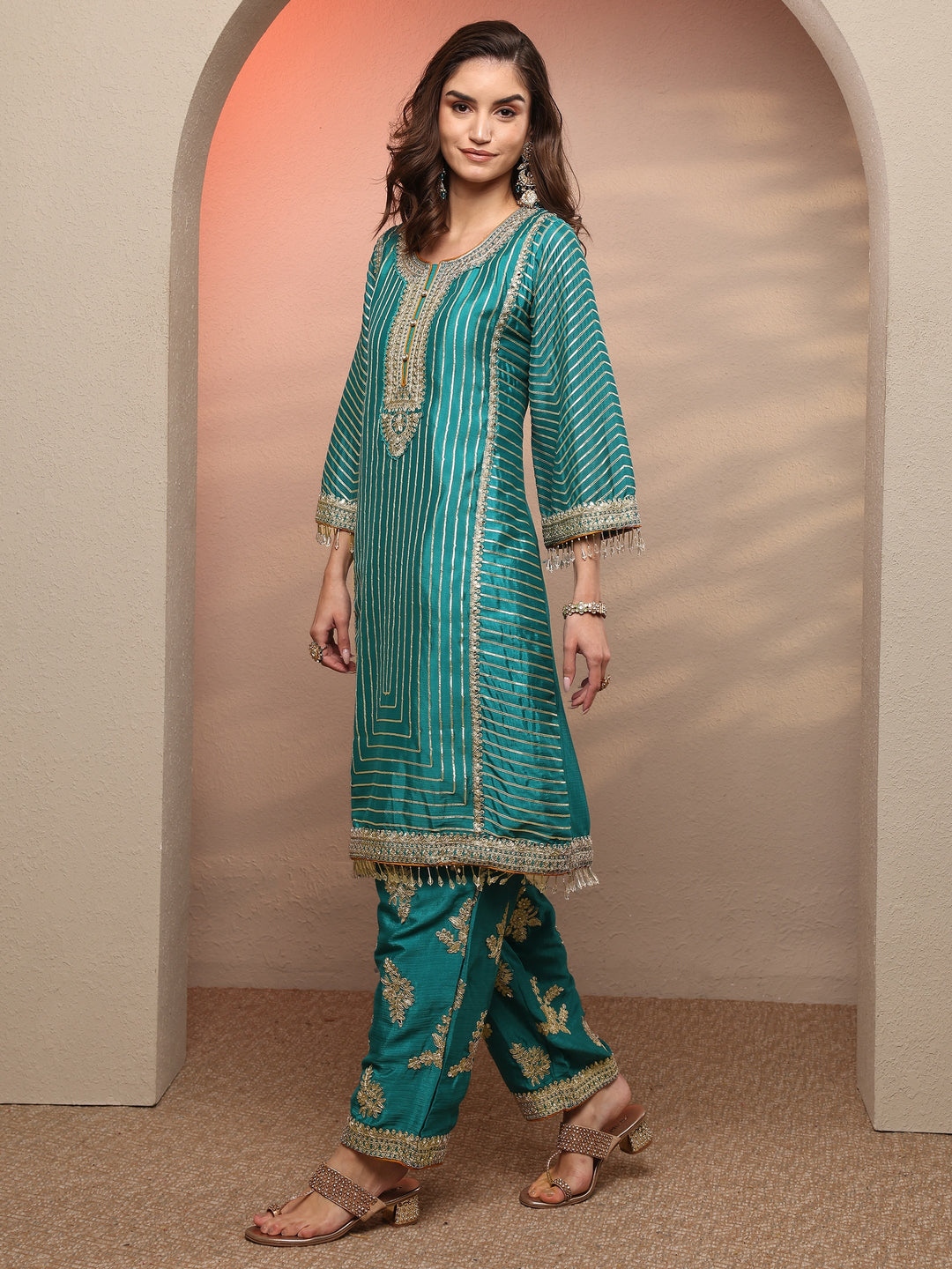 Blue Striped Embellished Silk Blend Suit Set With Dupatta