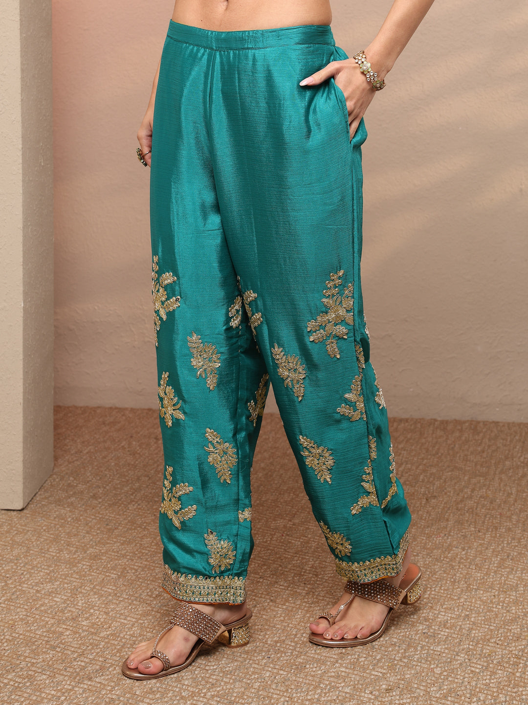 Blue Striped Embellished Silk Blend Suit Set With Dupatta