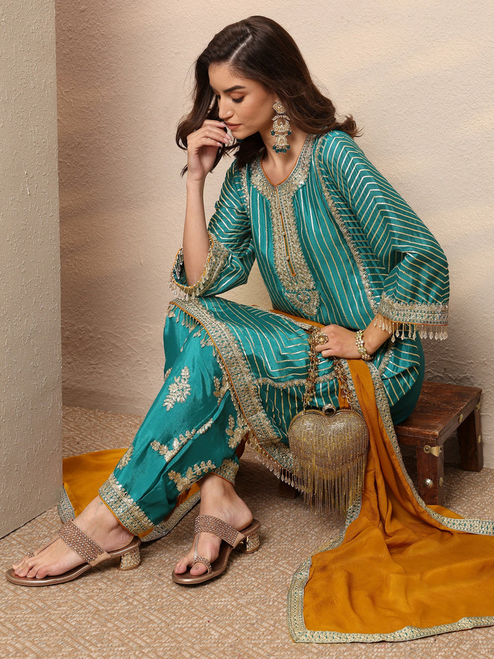 Blue Striped Embellished Silk Blend Suit Set With Dupatta