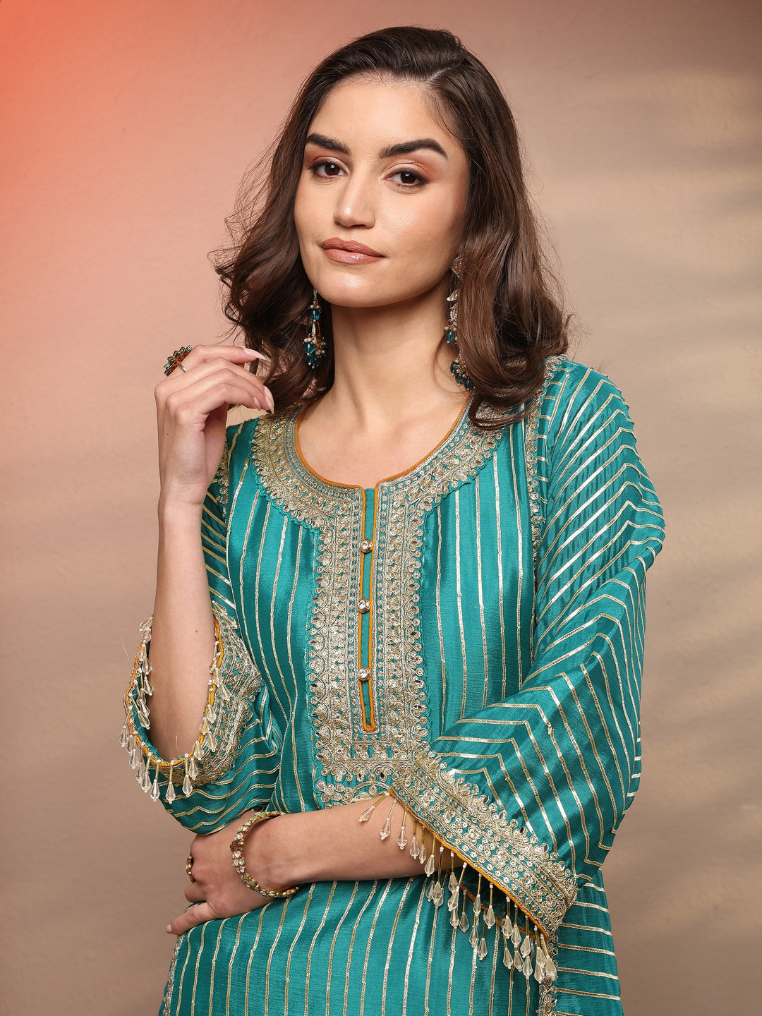 Blue Striped Embellished Silk Blend Suit Set With Dupatta