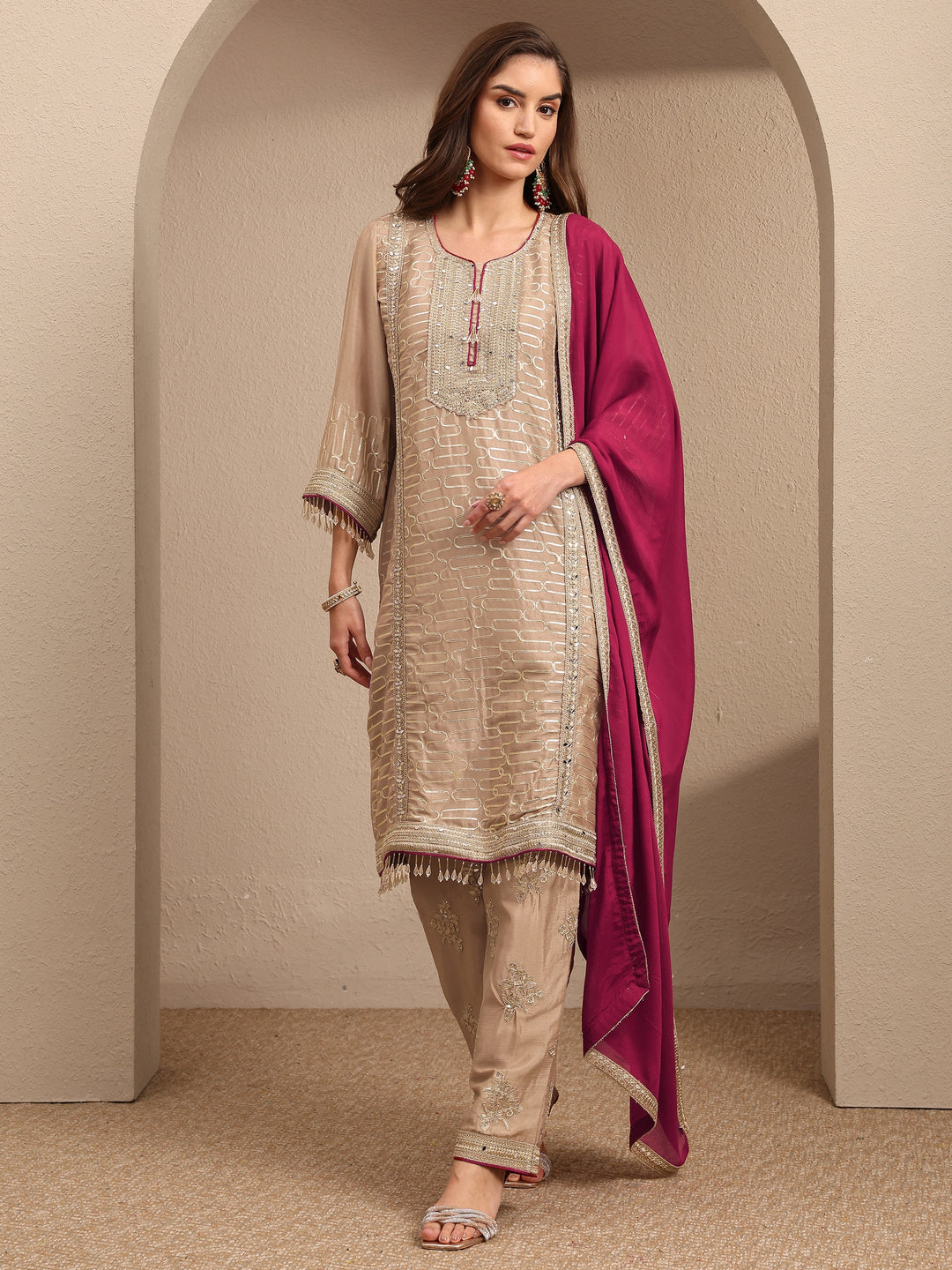Beige Embroidered Silk Blend Straight Suit Set With Dupatta