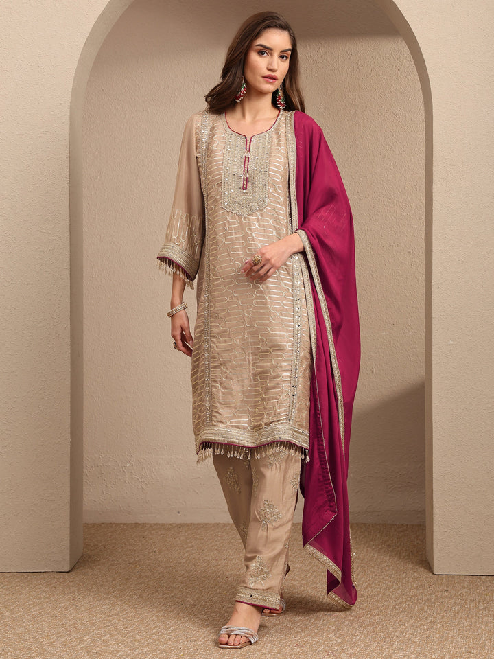 Beige Embroidered Silk Blend Straight Suit Set With Dupatta