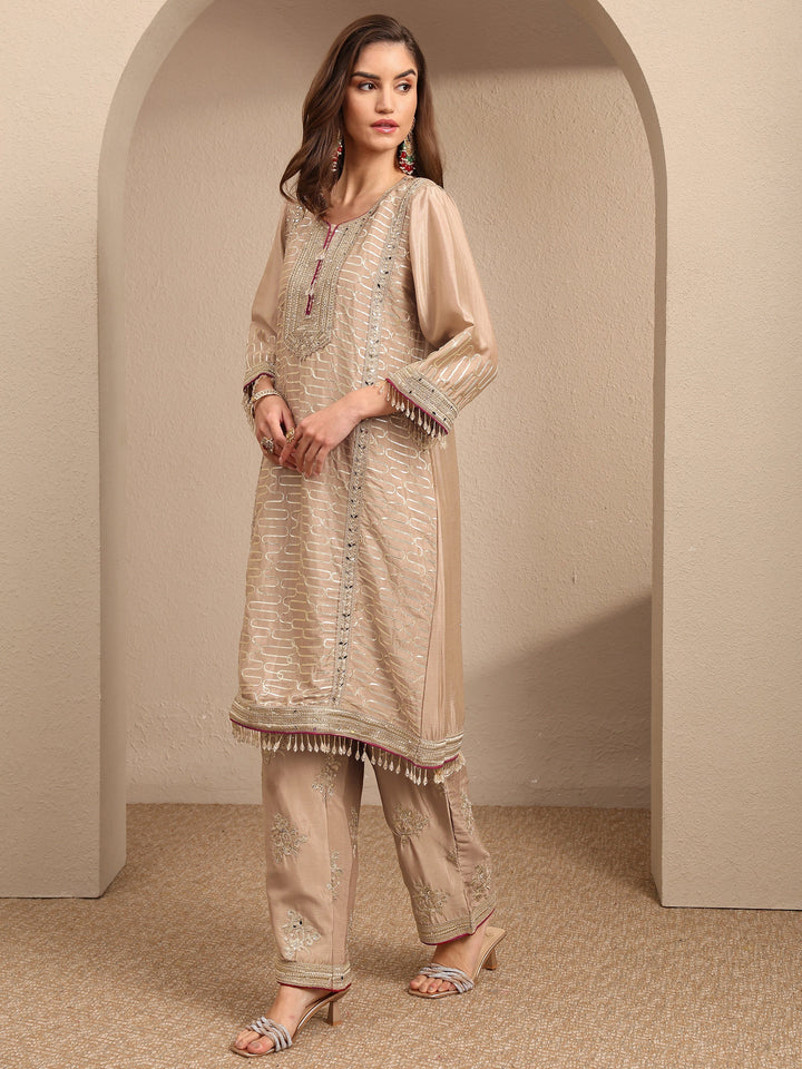 Beige Embroidered Silk Blend Straight Suit Set With Dupatta