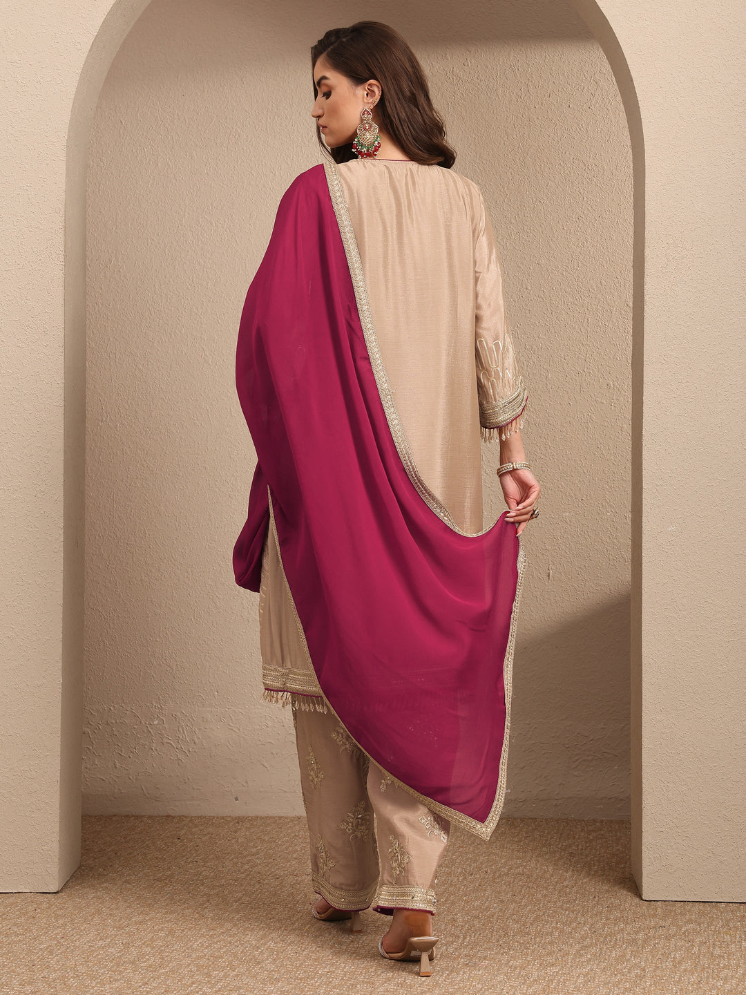 Beige Embroidered Silk Blend Straight Suit Set With Dupatta