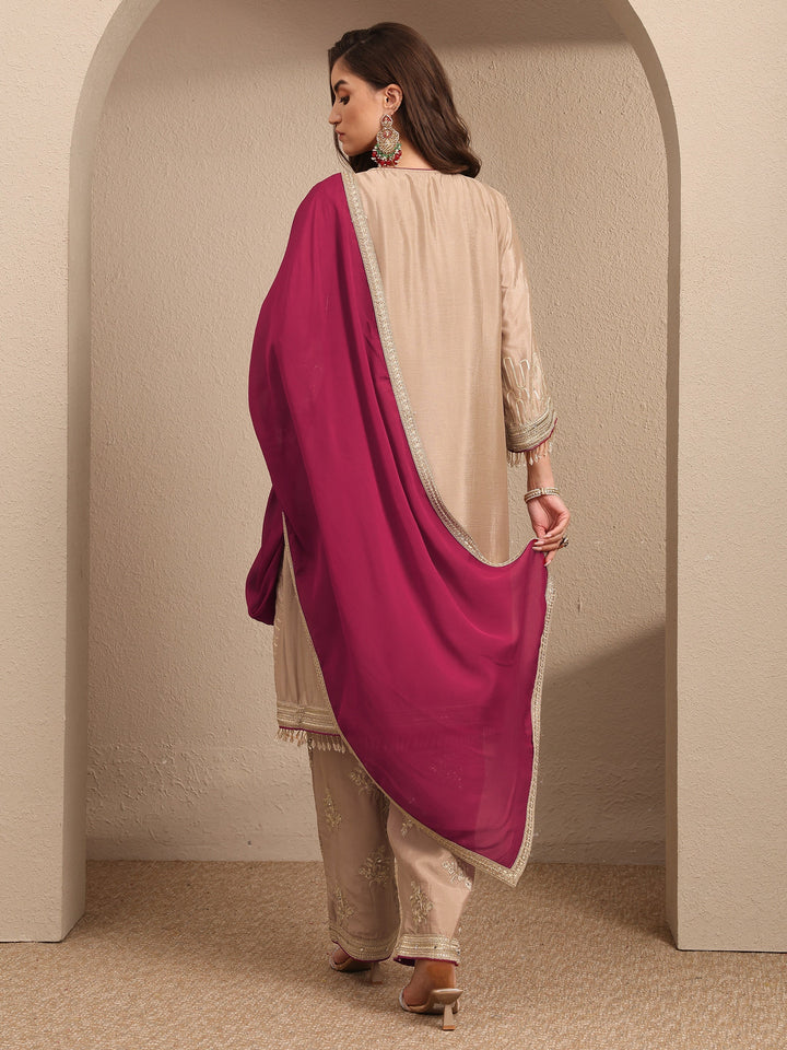 Beige Embroidered Silk Blend Straight Suit Set With Dupatta