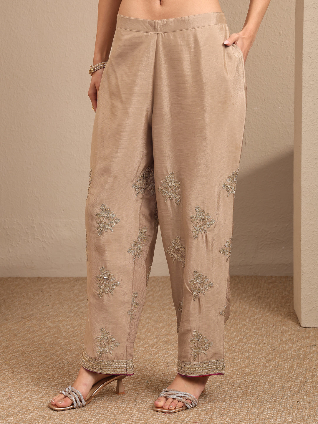 Beige Embroidered Silk Blend Straight Suit Set With Dupatta