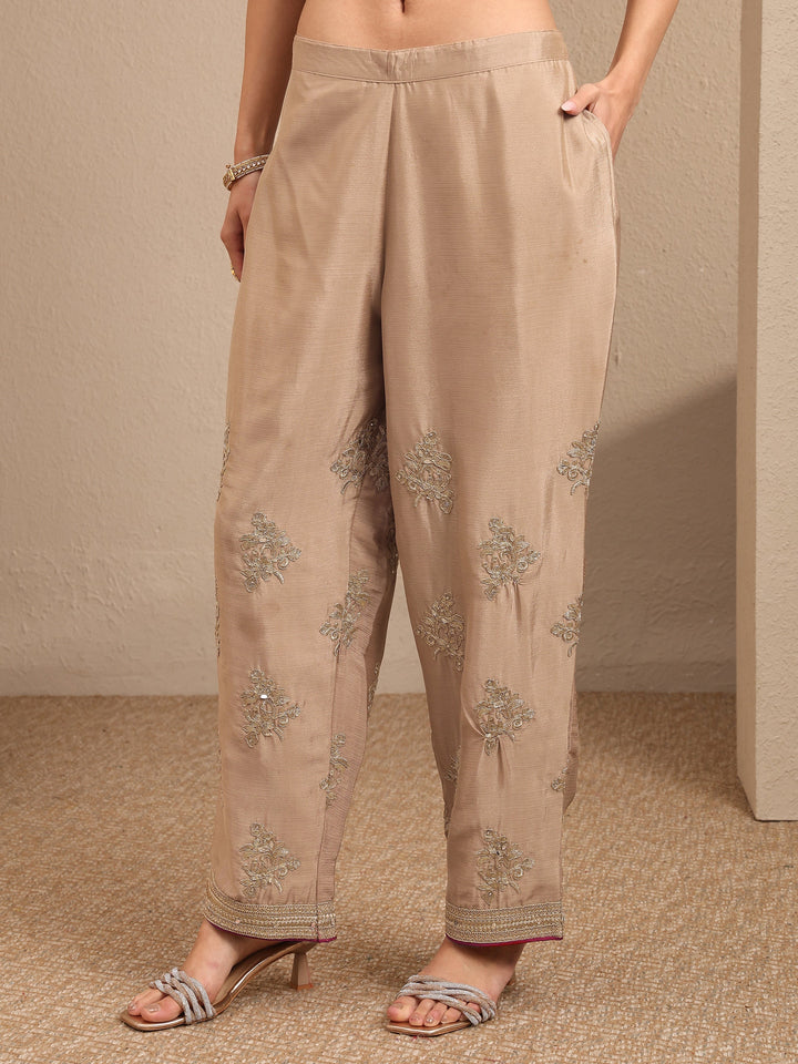 Beige Embroidered Silk Blend Straight Suit Set With Dupatta