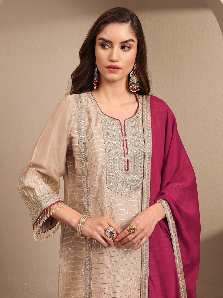 Beige Embroidered Silk Blend Straight Suit Set With Dupatta