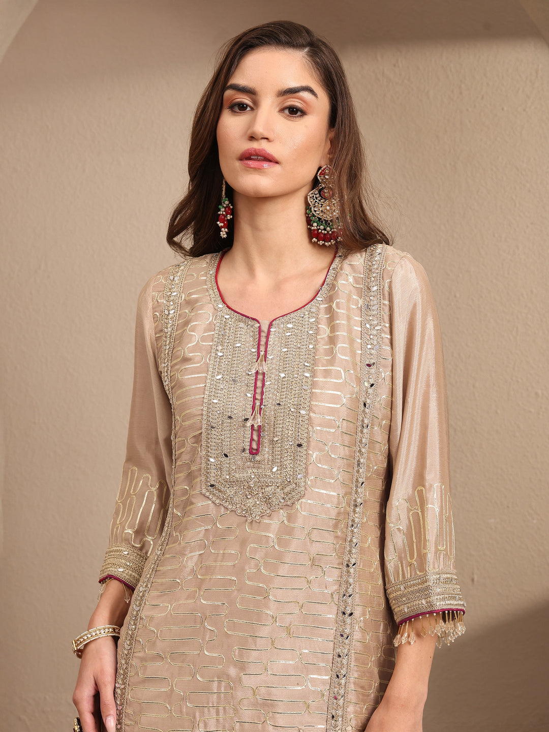 Beige Embroidered Silk Blend Straight Suit Set With Dupatta