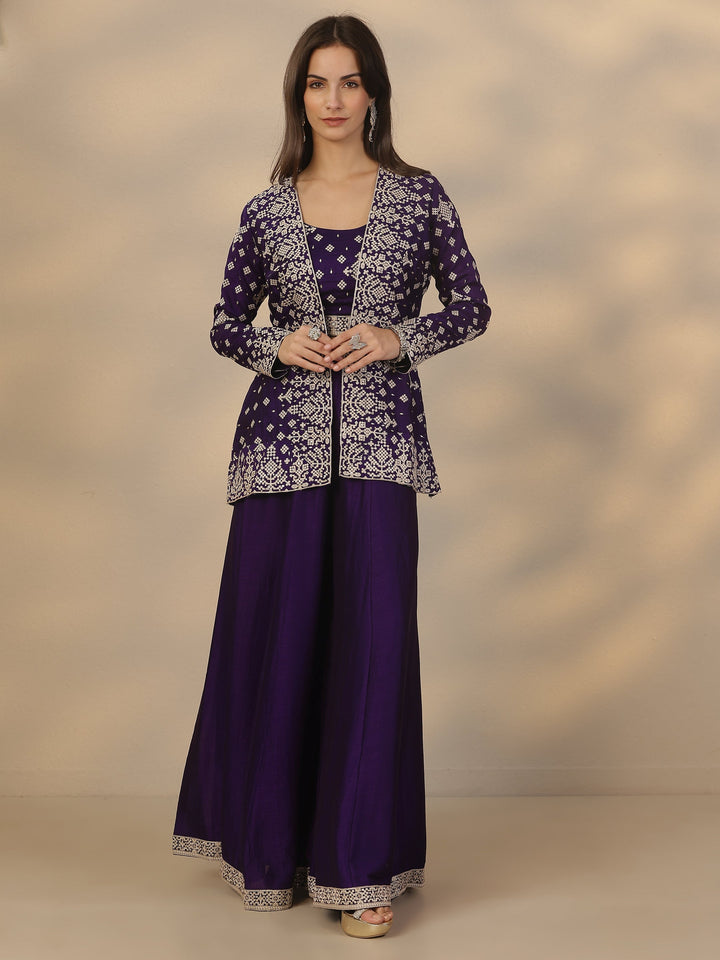 Purple Embroidered Silk Blend Co-Ord Sets