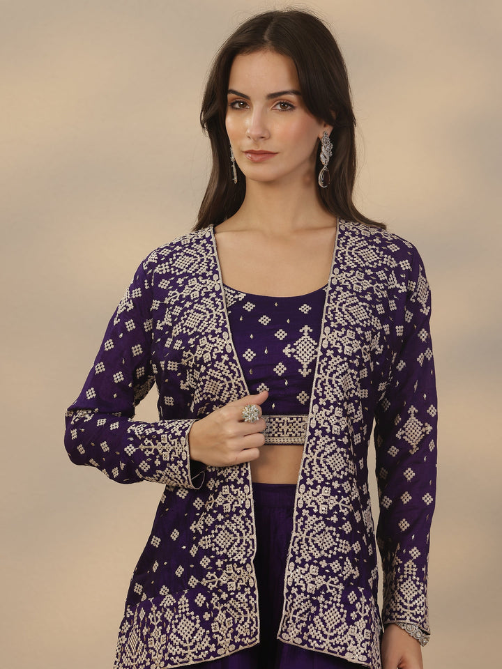 Purple Embroidered Silk Blend Co-Ord Sets