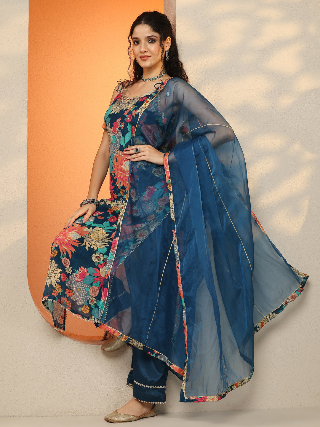 Teal Printed Chinon Straight Suit Set With Dupatta