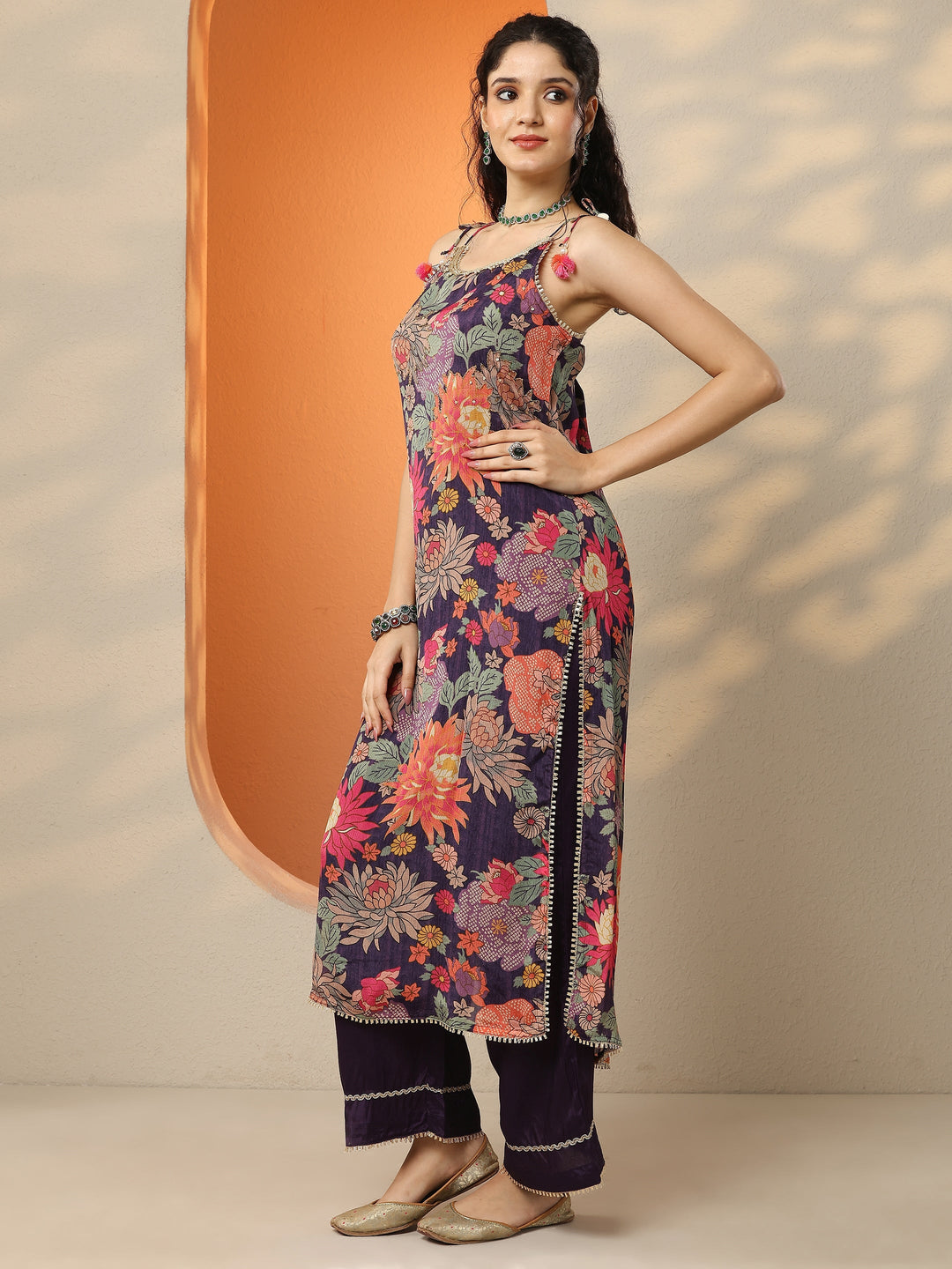 Burgundy Printed Chinon Straight Suit Set With Dupatta