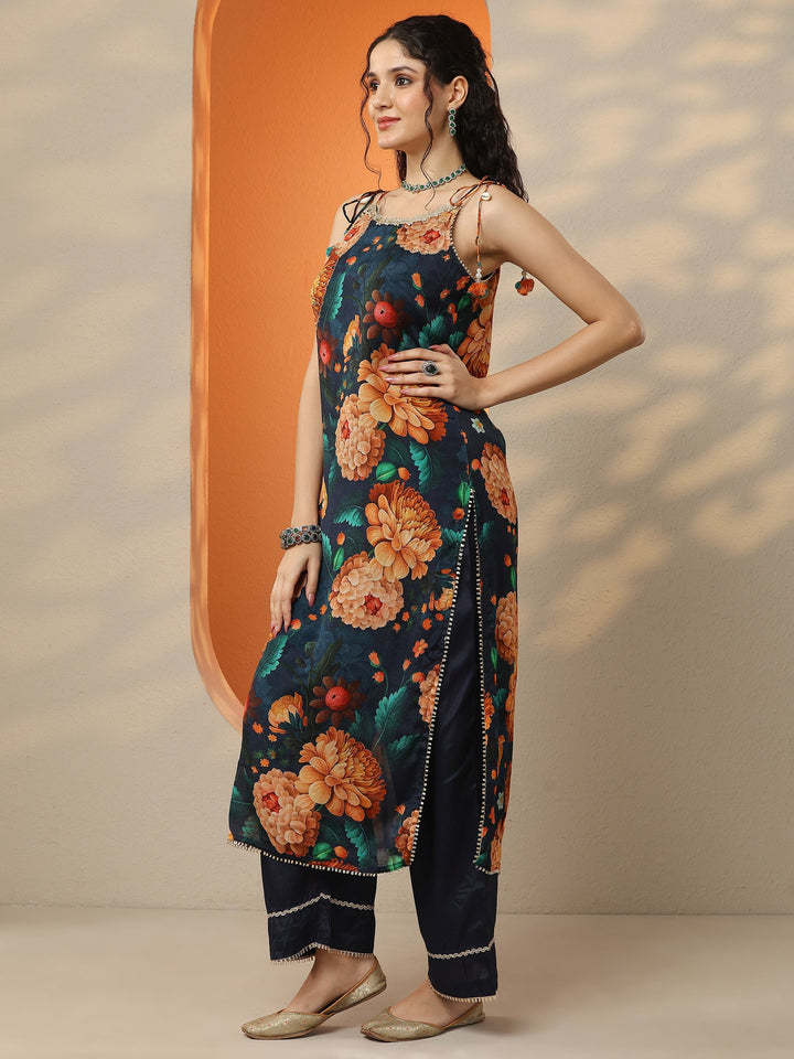 Navy Blue Printed Chinon Straight Suit Set With Dupatta