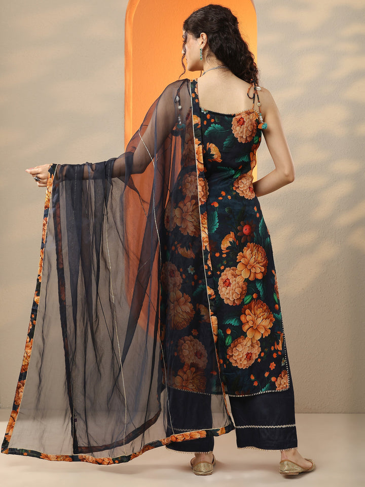 Navy Blue Printed Chinon Straight Suit Set With Dupatta