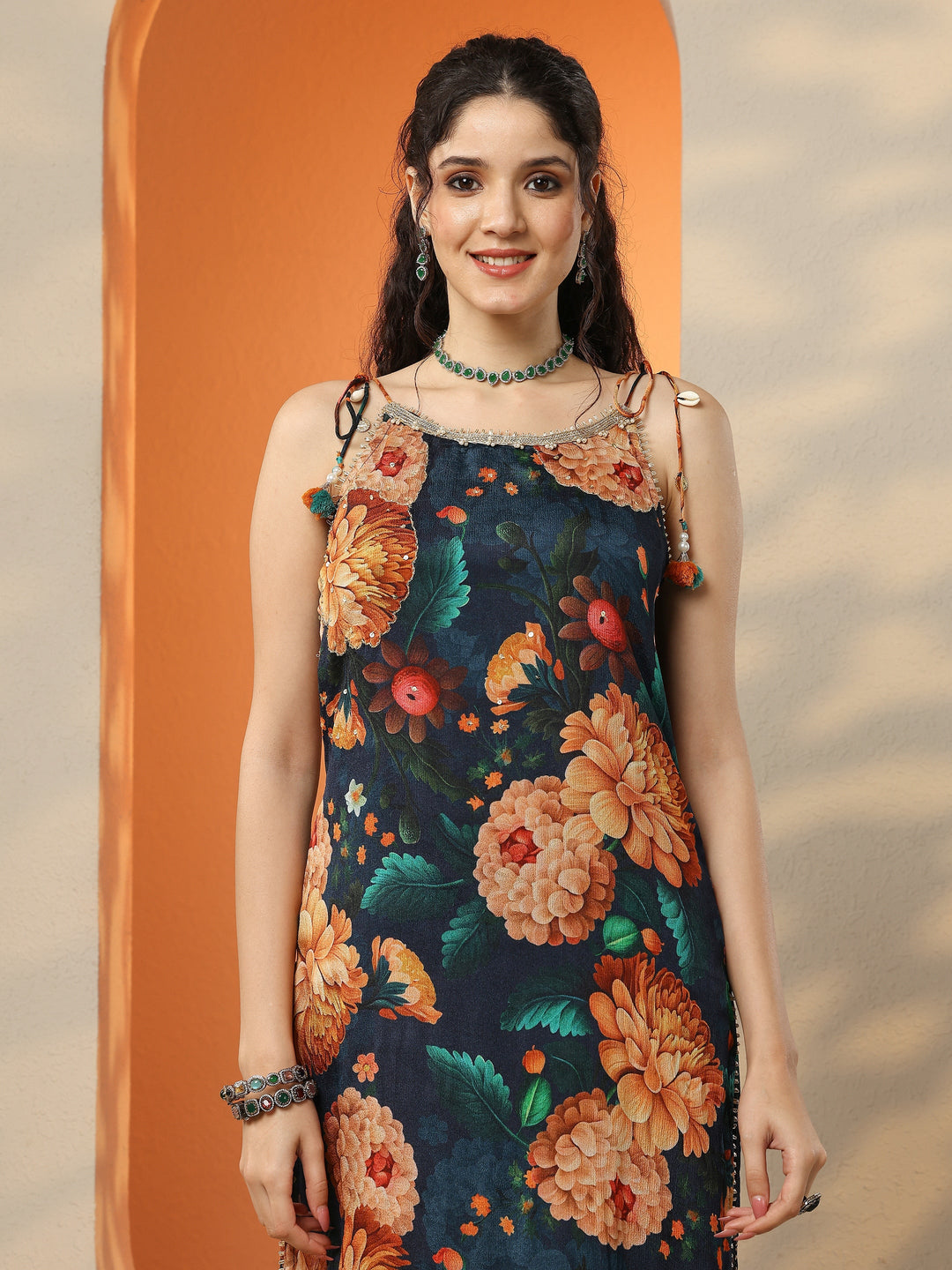 Navy Blue Printed Chinon Straight Suit Set With Dupatta