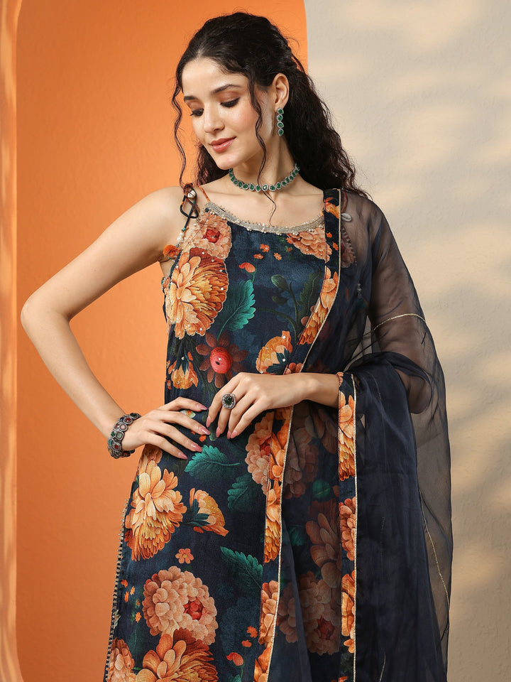 Navy Blue Printed Chinon Straight Suit Set With Dupatta