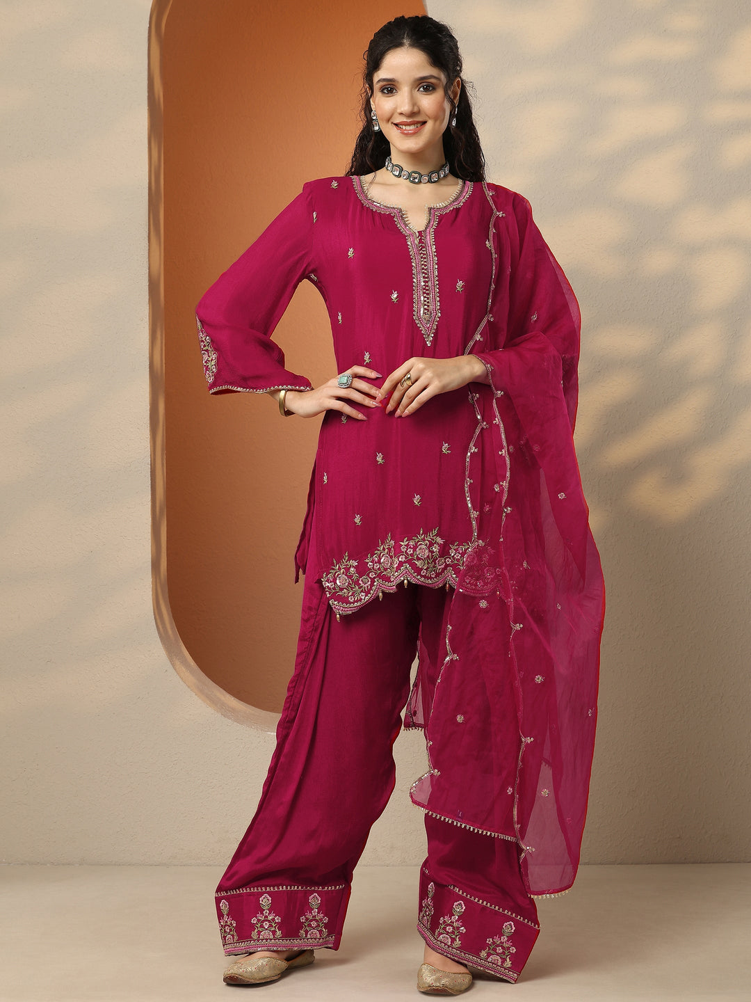 Pink Embroidered Chinon Straight Suit Set With Dupatta
